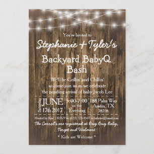 BabyQ Backyard BBQ Bash Wood Rustic Baby Shower Inbjudningar