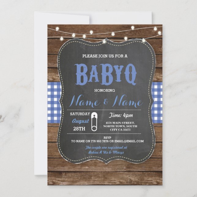 BaByQ BBQ Baby Shower Blue Chalk Wood Inbjudan (Framsida)