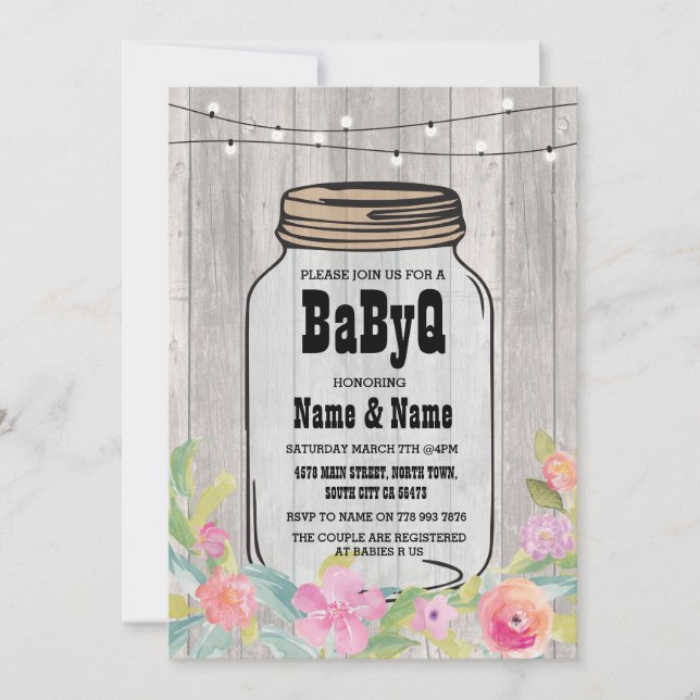 BaByQ BBQ Baby Shower Burk Rosa Blommigt Wood Inbj Inbjudningar (Framsida)