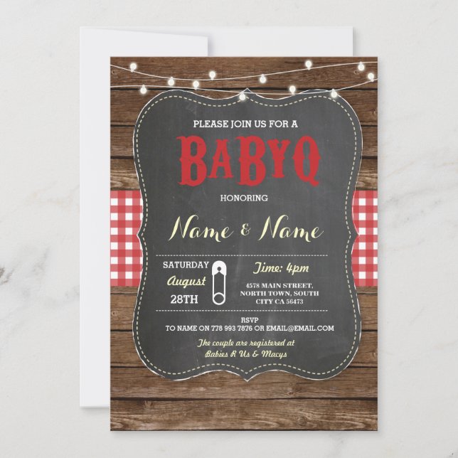 BaByQ BBQ Baby Shower Red Chalk Wood Inbjudan (Framsida)
