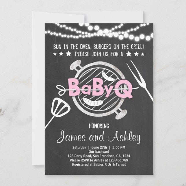 BabyQ BBQ Par Shower Coed Baby Shower Rosa Inbjudningar (Framsida)