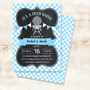 BABYQ Blue Gingham Chalkboard Boy Shower Inbjudningar