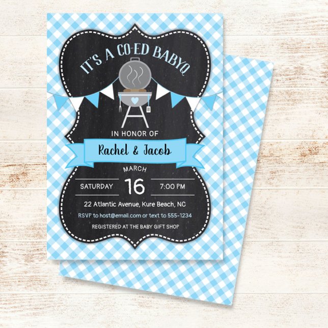 BABYQ Blue Gingham Chalkboard Boy Shower Inbjudningar (Skapare uppladdad)