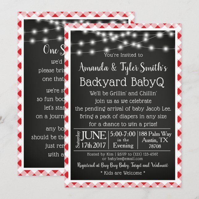 BabyQ Chalkboard Red Gingham Picnic Baby Shower Inbjudningar (Fram/baksida)