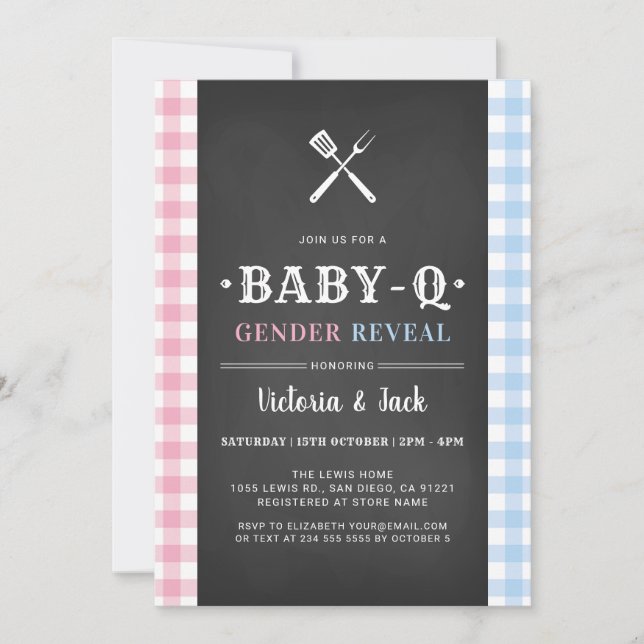 BabyQ Gender Reveal Gingham BBQ Black Inbjudningar (Framsida)