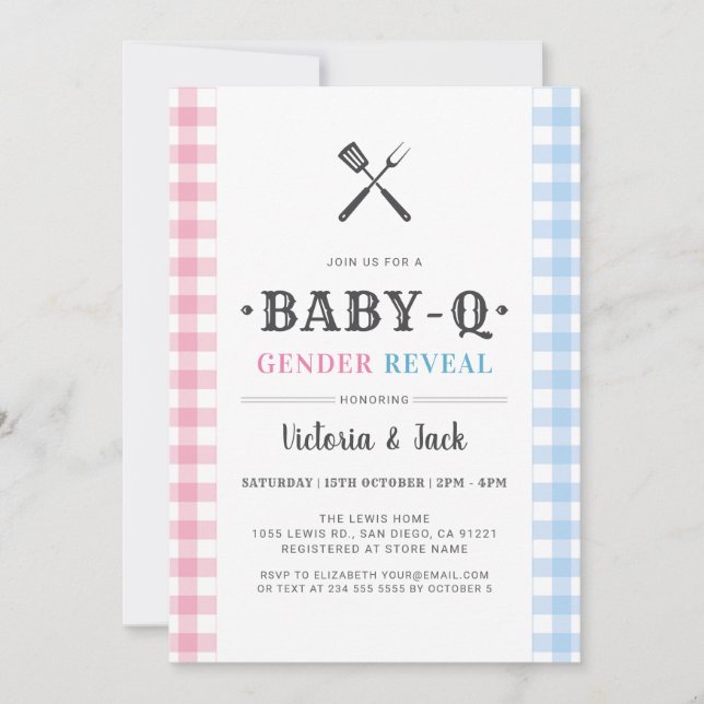 BabyQ Gender Reveal Gingham BBQ Inbjudningar (Framsida)