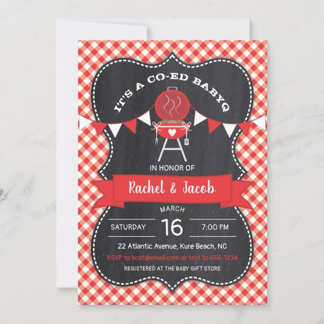 BABYQ-Gingham som är röd på svart tavlababy shower Inbjudningar (Framsida)