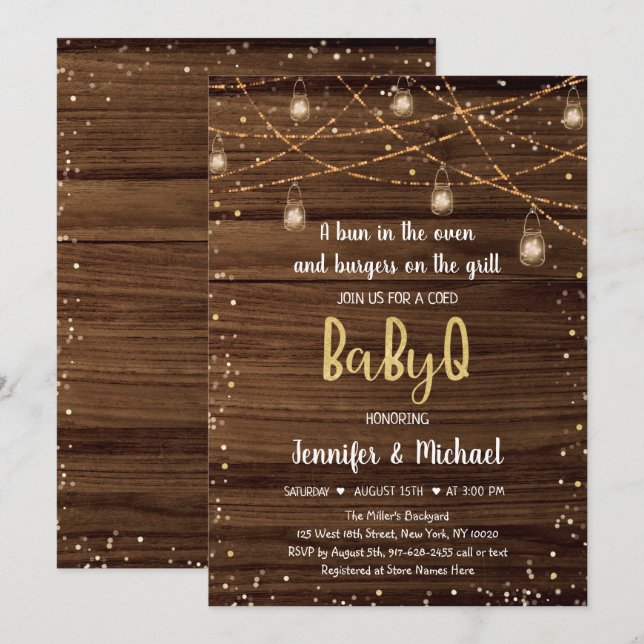 BabyQ Rustic String Ljus BBQ Baby Shower Inbjudningar (Fram/baksida)