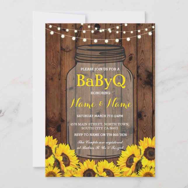 BaByQ Solblomma BBQ Baby Shower Burk Wood Inbjudan (Framsida)