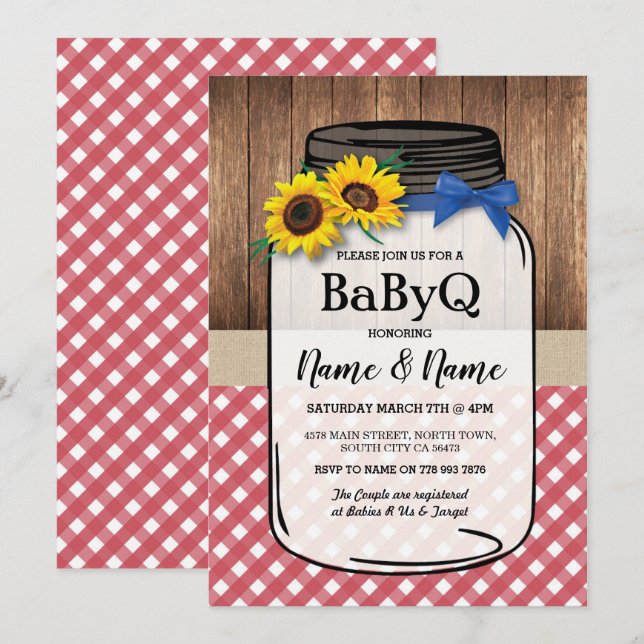 BaByQ Solblomma BBQ Baby Shower Burk Wood Red Chec Inbjudningar (Fram/baksida)