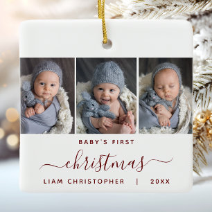 Baby's 1:a jul 3 Foto Burgunderröd Skrift Julgransprydnad Keramik