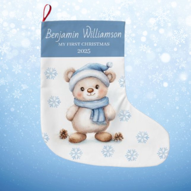 Baby's 1:a jul Blå snöflingor Björn  Stor Julstrumpa (Skapare uppladdad)