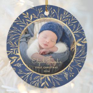 Baby's 1:a jul fotoguld bladverk marinblå julgransprydnad keramik