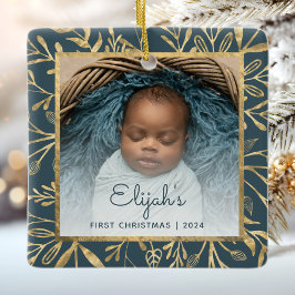 Babys 1:a jul fototeal Blå Guld Lövverk Julgransprydnad Keramik
