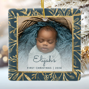 Babys 1:a jul fototeal Blå Guld Lövverk Julgransprydnad Keramik