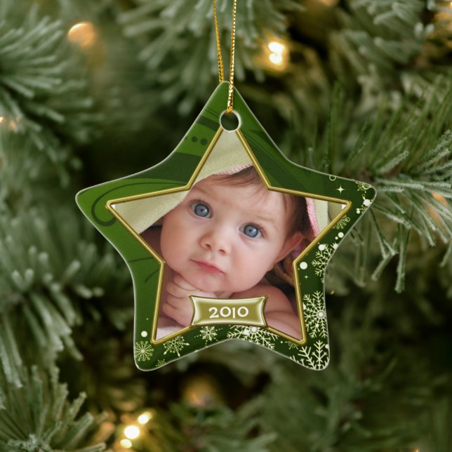 Baby's 1:a jul grön och guld fotoram julgransprydnad keramik (Träd)