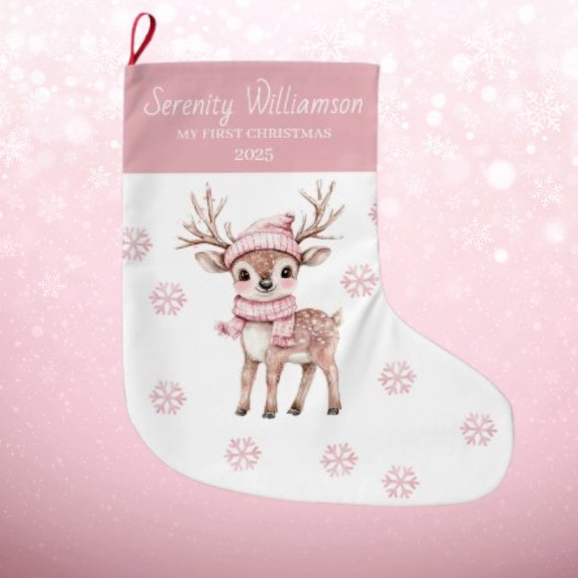 Babys 1:a jul rosa snöflingor hjort vildmark  stor julstrumpa (Skapare uppladdad)