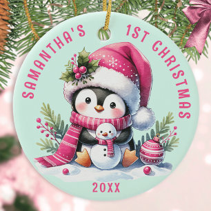 Babys 1:a juldagen Rosa Mint Cute Penguin Anpassni Julgransprydnad Keramik
