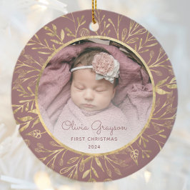 Babys 1:a juldfoto Dusty Rose Guld Rund Julgransprydnad Keramik