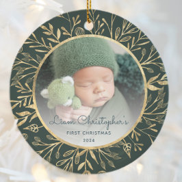 Babys 1:a juldfoto Guldblad Grön Rund Julgransprydnad Keramik