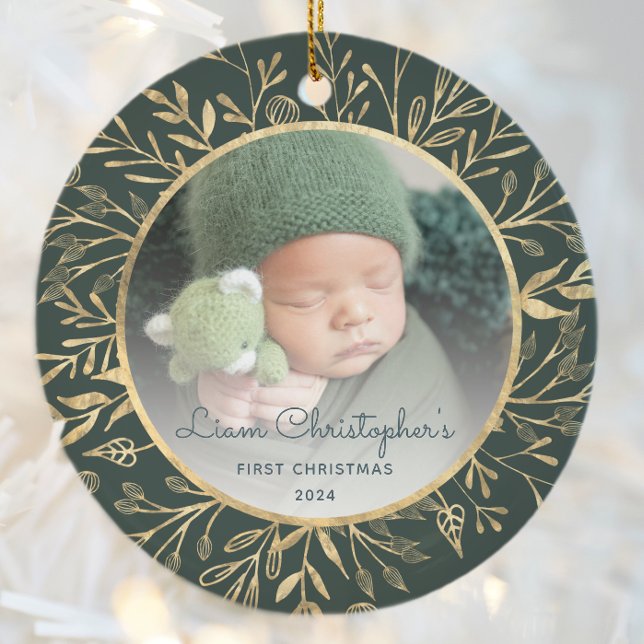 Babys 1:a juldfoto Guldblad Grön Rund Julgransprydnad Keramik (Skapare uppladdad)