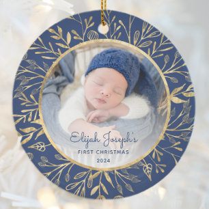 Babys 1:a juldfoto Guldblad Marinblå Julgransprydnad Keramik