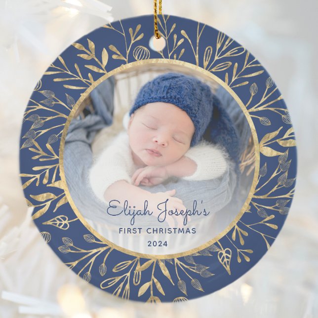 Babys 1:a juldfoto Guldblad Marinblå Julgransprydnad Keramik (Skapare uppladdad)
