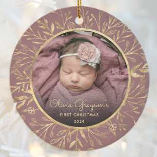 Babys 1:a juldfoto Guldblad Ros Rund Julgransprydnad Keramik