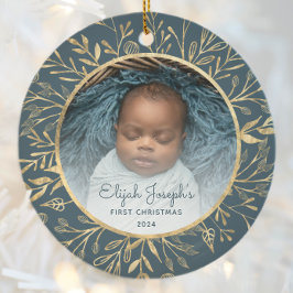 Babys 1:a juldfoto Guldblad Teal Rund Julgransprydnad Keramik