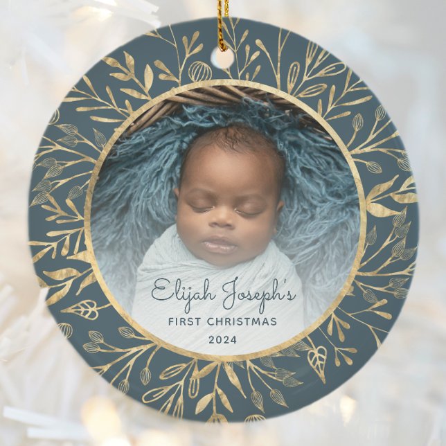 Babys 1:a juldfoto Guldblad Teal Rund Julgransprydnad Keramik (Skapare uppladdad)