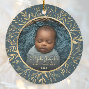 Babys 1:a juldfoto Guldblad Teal Rund Julgransprydnad Keramik