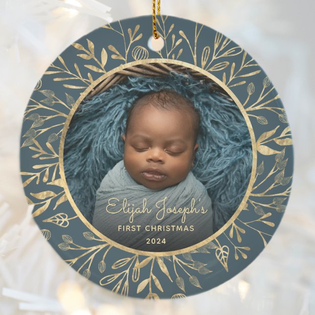 Babys 1:a juldfoto Guldblad Teal Rund Julgransprydnad Keramik (Skapare uppladdad)