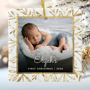 Babys 1:a juldfoto Guldblad Vit Julgransprydnad Keramik