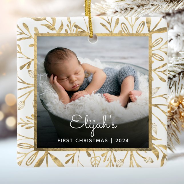 Babys 1:a juldfoto Guldblad Vit Julgransprydnad Keramik (Skapare uppladdad)
