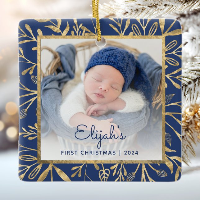 Babys 1:a juldfoto Navyblå guldblad Julgransprydnad Keramik (Skapare uppladdad)