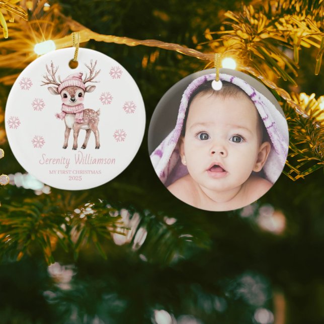 Babys 1:a juldfoto Rosa snöflingor Skogsmark Julgransprydnad Keramik (Skapare uppladdad)