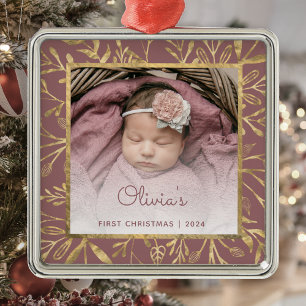 Babys 1:a julfoto Dusty Ro Guld Foliage Julgransprydnad Metall