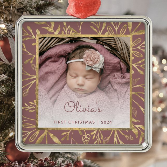 Babys 1:a julfoto Dusty Ro Guld Foliage Julgransprydnad Metall (Skapare uppladdad)