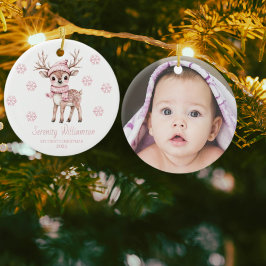 Babys 1st Christmas Photo Pink Snowflakes Woodland Julgransprydnad Keramik