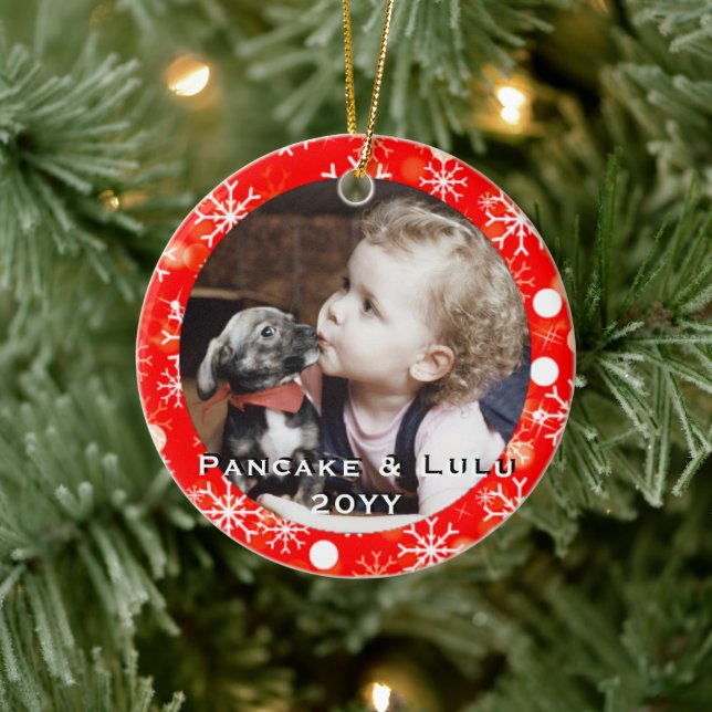 Baby's 1st Christmas Photo with Pet Red Snowflakes Julgransprydnad Keramik (Träd)