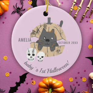 Baby's 1st Halloween Rosa Cat Pumpkin Skull Julgransprydnad Keramik