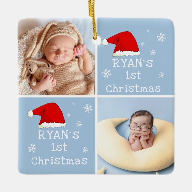 Baby's 1st jul 2 Foton Santa Hat Snowflake Julgransprydnad Keramik (Framsida)