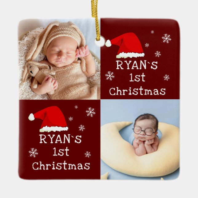 Baby's 1st jul 2 Foton Santa Hat Snowflake Julgransprydnad Keramik (Framsida)