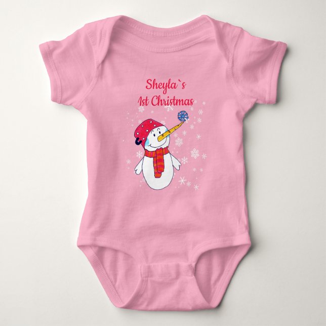Baby's 1st jul Cute Snögubbe Snowflake Girl T Shirt (Framsida)
