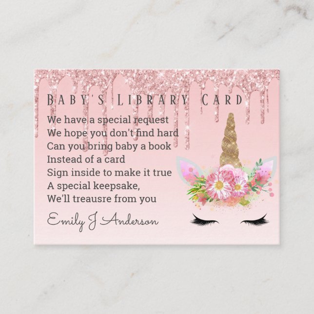 Babys Bibliotek Bok Request Card Rosa Unicorn Tilläggskort (Framsida)