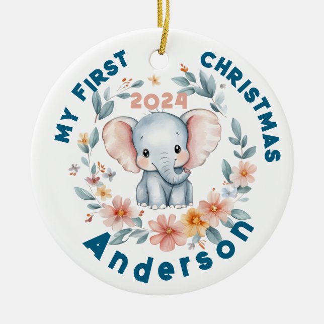 Baby's Boy First Christmas Cute Elephant  Julgransprydnad Keramik (Framsidan)
