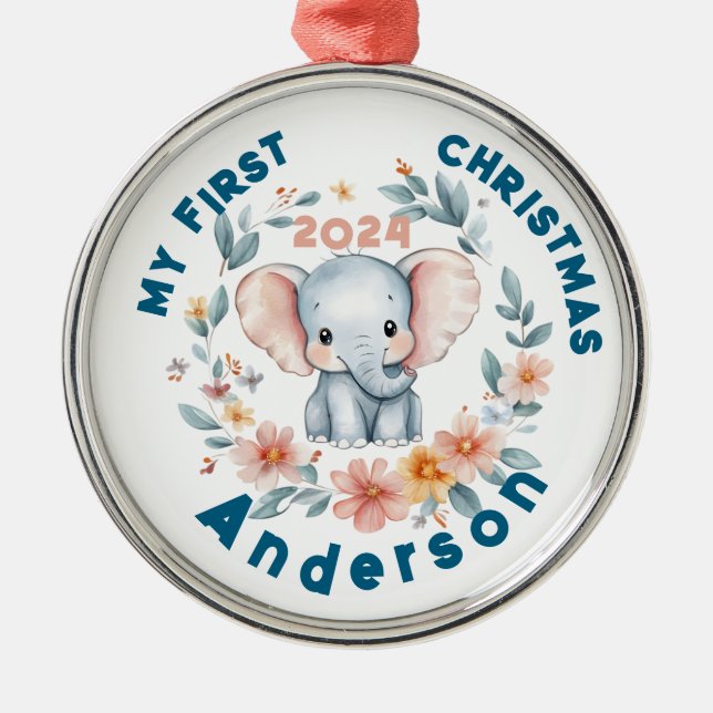 Baby's Boy First Christmas Cute Elephant  Julgransprydnad Metall (Framsidan)