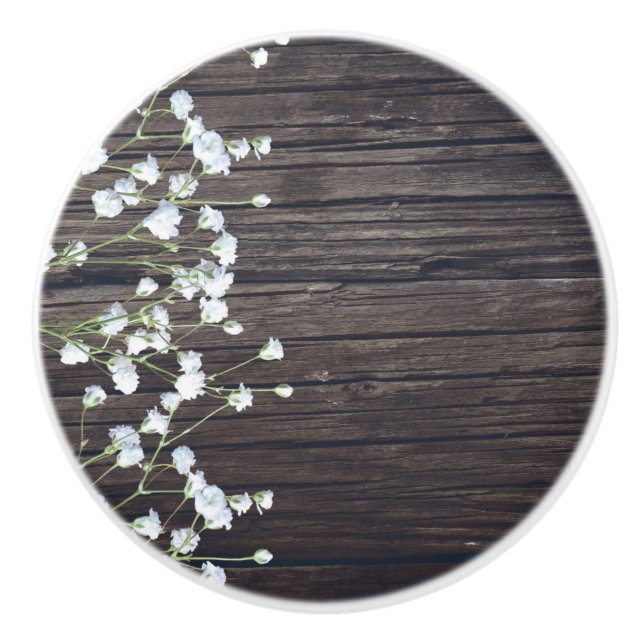 Baby's Breath Blommor & Mörkt Rustikt Trä Knopp (Framsidan)
