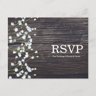 Baby's Breath Blommor & Mörkt Rustikt Trä RSVP Inbjudan Vykort