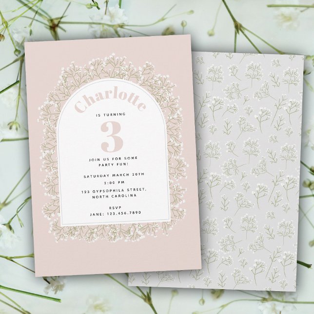 Baby's Breath Girl Pink Gypsophila Kids Birthday Inbjudningar (Baby's Breath Girl Pink Gypsophila Kids Birthday Invitation)